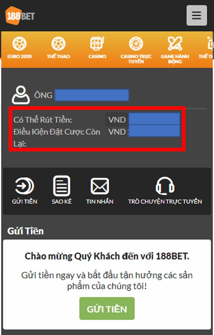 Kiểm tra điều kiện rút tiền còn lại trên giao diện 188bet